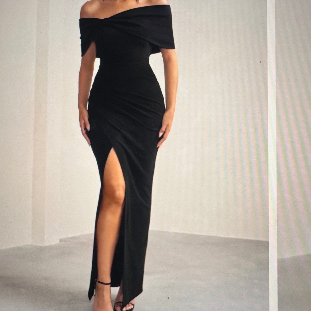 Eva Black Bardot Bow Detail Maxi Dress with Thigh Split